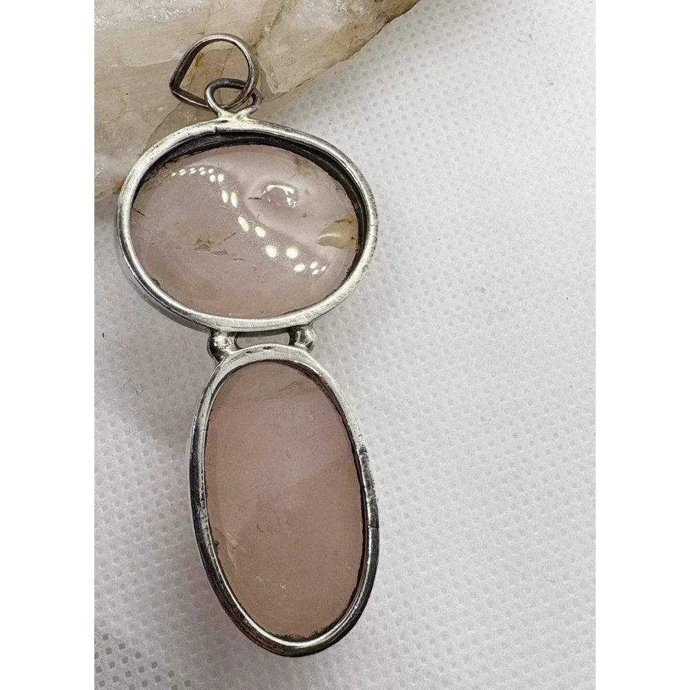 Sterling Silver Rose Quartz‎ Double Cabochon Pendant 20g Oval & Round Bezel 925